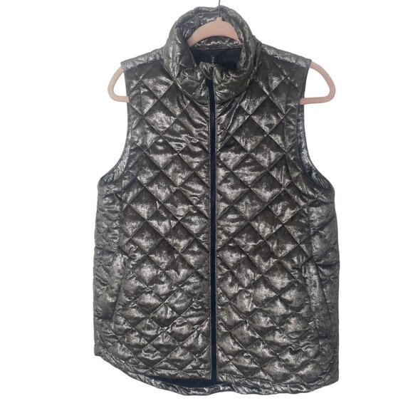 Athleta Quilted Metallic Puffer Vest Womens M Brown Gold Bronze Full Zip Layerin - Picture 1 of 12
